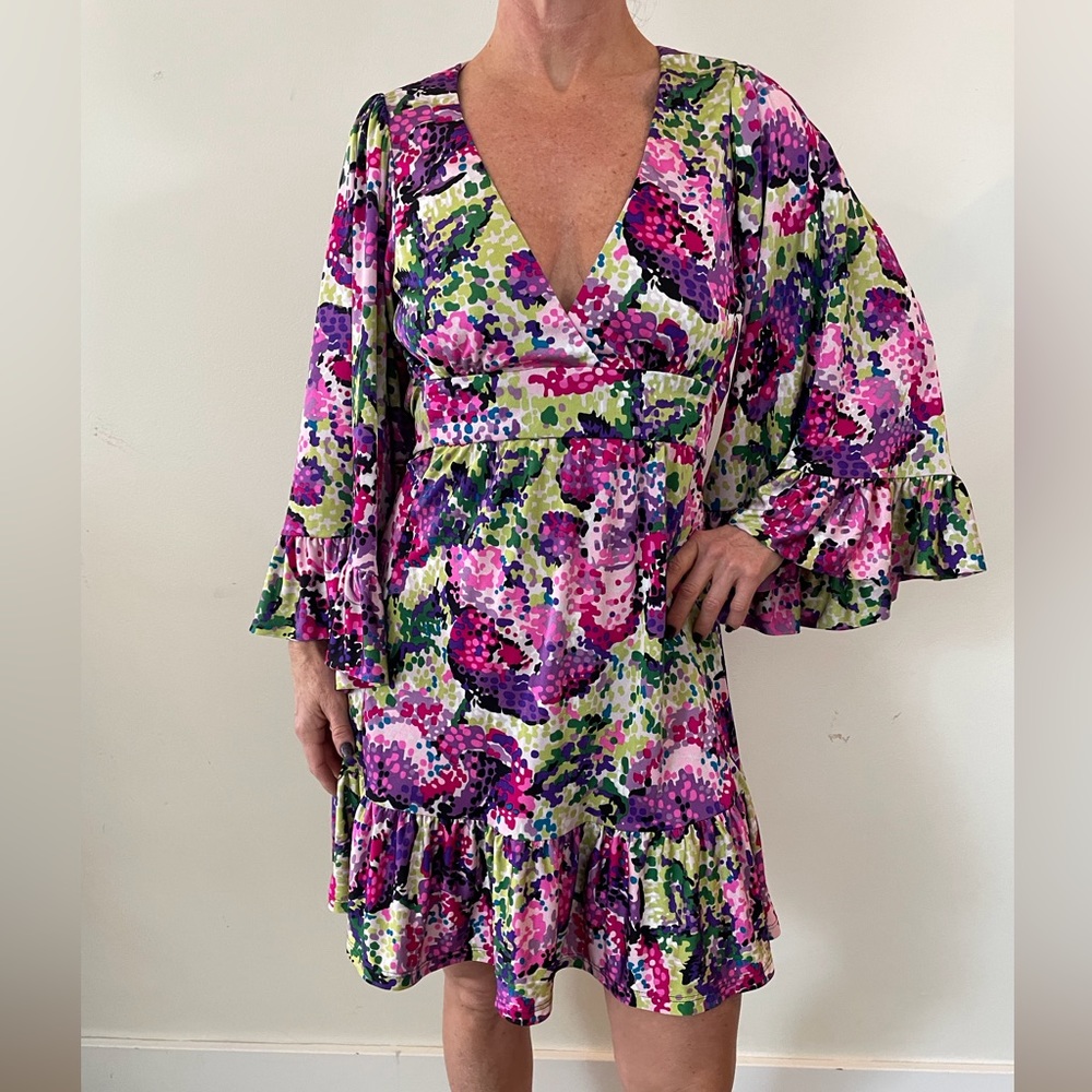 Betsey Johnson Floral Long Sleeve Dress - Pink, Purple, Green